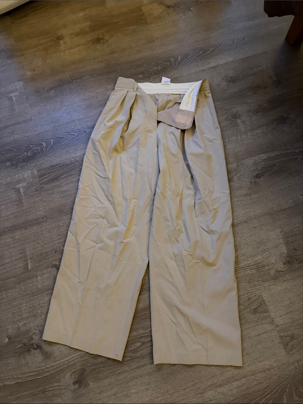 Pleated Flat-Front Chino Pants in Beige